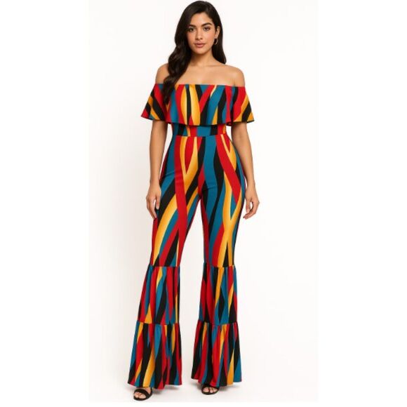 Win Win Pants - Win Win Jumpsuit Off Shoulder Ruffled Retro Striped Bell Bottom Pants NWOT Sz M